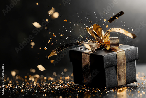 A black box with gold ribbons and a gold bow on top. The box is surrounded by glitter and confetti, giving the impression of a celebration