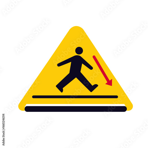 Yellow triangular warning sign with black silhouette of person stepping down and red arrow indicating caution for trip hazard or uneven surface safety alert vector illustration