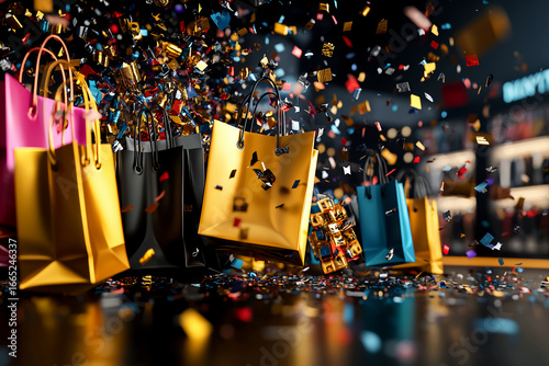 A pair of gold shopping bags are falling from the sky, surrounded by a cloud of glitter. The scene is set in a store, with a person standing in the background. Concept of excitement and celebration