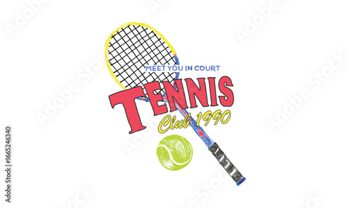 Tennis club artwork for t shirt, posters, stickers, background and others. oil pastel design. Bat, ball, design.