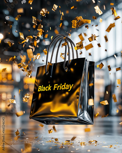 A black bag with the words Black Friday written on it is surrounded by gold confetti. Concept of celebration and excitement, as if the bag is a prize or a reward for a successful shopping experience