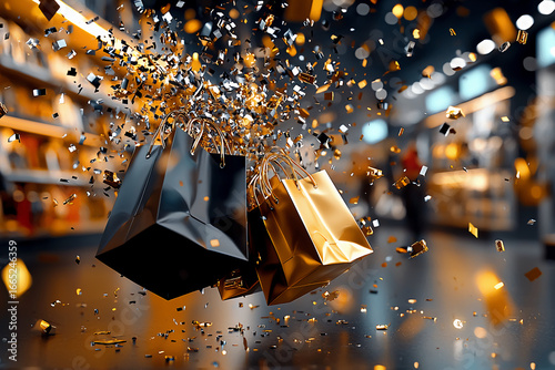 A pair of gold shopping bags are falling from the sky, surrounded by a cloud of glitter. The scene is set in a store, with a person standing in the background. Concept of excitement and celebration