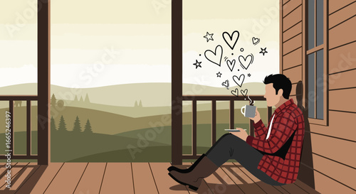 Illustration of a man relaxing on a porch with coffee and love thoughts in nature