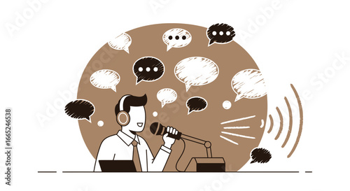 Illustration of a man with headphones speaking into a microphone broadcasting