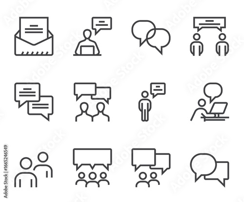 Communication people speech bubble isolated line outline icon set flat style simple design concept. Vector cartoon graphic illustration