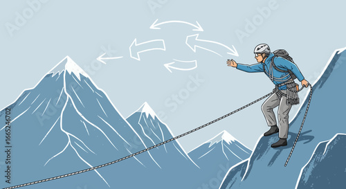 Illustration of a mountain climber on a rope with the challenge of directions and choices ahead