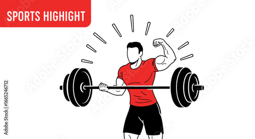 Illustration of a muscular man lifting a barbell during a sports highlight showcasing strength