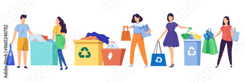 People sorting recyclable textiles and old clothes into color-coded recycling bins carrying shopping bags for sustainable fashion and eco-friendly recycling concept flat vector illustration