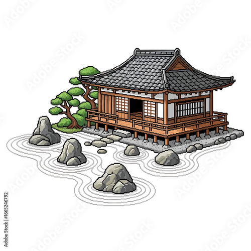 Serene Japanese tea house nestled amidst a meticulously landscaped rock garden with a tranquil pond.