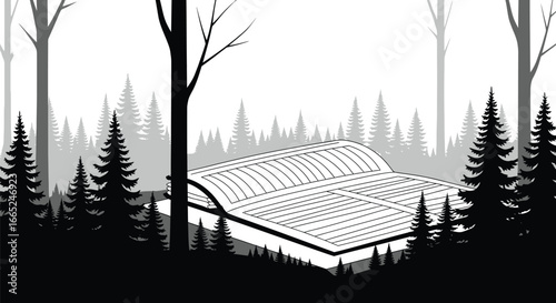 Open book amidst a monochrome forest landscape with tall trees and a foggy atmosphere illustration