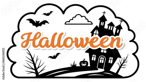 Scary Halloween night party invitation featuring a haunted house, spooky bats, and a pumpkin illustration against a dark, full moon backdrop