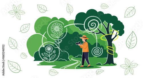 Illustration of a photographer capturing nature's essence in a lush environment