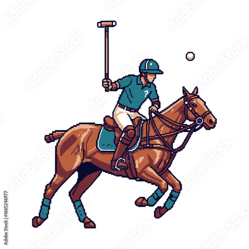 A polo player, wearing a helmet, swings a mallet while riding a horse.