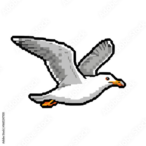 Pixelated illustration of a seagull in flight, wings outstretched against a white background.
