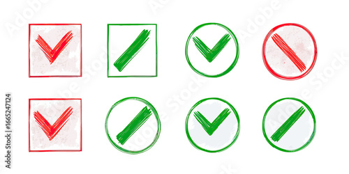 Hand drawn green check marks and red cross marks in square and circle shapes, vote yes no symbols, sketch style vector illustration minimalistic design