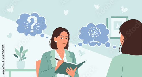 Illustration of a Psychologist counseling session with woman, mental health support and care