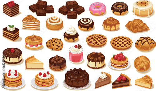 Pastry and dessert clipart set, cakes, donuts, pies, cupcakes, croissants, pancakes, bakery icons, sweets collection, digital illustrations