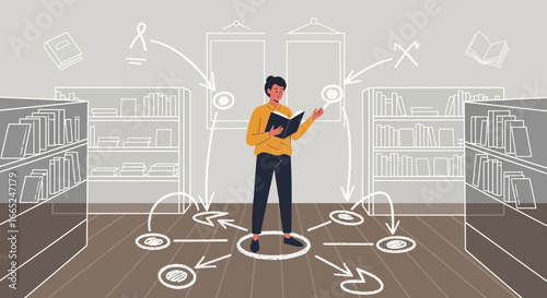 Illustration of a reader surrounded by knowledge sources and decision paths in library