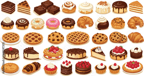 Pastry and dessert clipart set, cakes, donuts, pies, cupcakes, croissants, pancakes, bakery icons, sweets collection, digital illustrations
