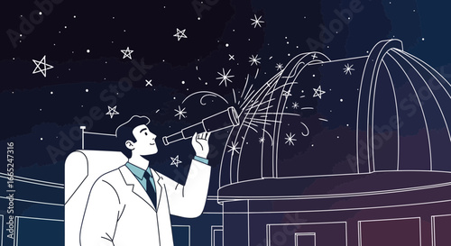 Illustration of a scientist observing the night sky with a telescope in an observatory