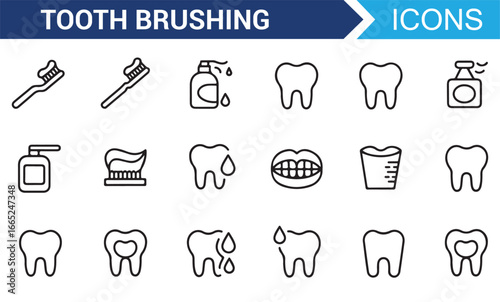 Minimalist dental care icons for brushing teeth, flossing, and oral hygiene