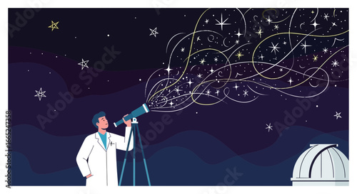 Illustration of a scientist observing the night sky with a telescope from observatory