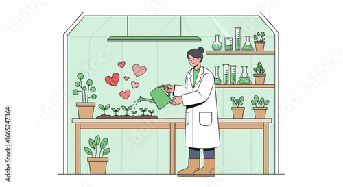 Illustration of a scientist watering plants in a greenhouse surrounded by love and care concept of