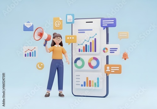 A woman with a megaphone promoting business growth and success through mobile marketing and digital media strategy
