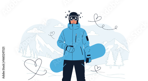 Illustration of a snowboarder on a mountain background ready for adventure