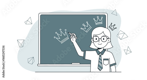 Illustration of a student drawing crowns on a blackboard with a pen dreaming big