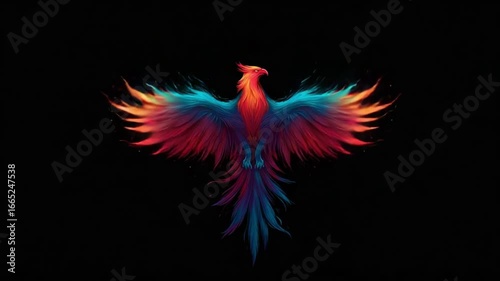 Vivid, fiery, colorful phoenix with outspread wings on black backdrop
