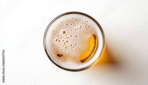 Top-View Image Of A Glass Of Beer Placed On A White Background With A Clean And Minimalist Aesthetic For Visual Appeal.