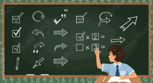 Illustration of a student writing on a chalkboard filled with arrows and equations depicting