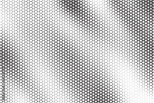 Triangular Halftone Texture Retrowave Vector Geometric Technology Abstract Background. Half Tone Triangles Retro Colored Pattern. Minimal 80s Style Dynamic Tech Structure Wallpaper.