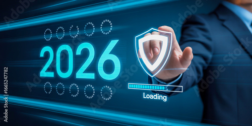 Businessman interacts with futuristic digital interface displaying year 2026 and a glowing shield symbolizing cybersecurity protection and data security