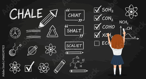 Illustration of a student writing science formulas on a blackboard with chalk drawings