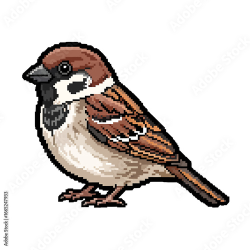 A detailed illustration of a Eurasian Tree Sparrow, depicted in a pixel art style.