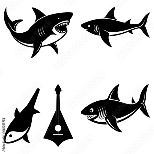 Illustration of four sharks in different poses and a balalaika musical instrument in black and white