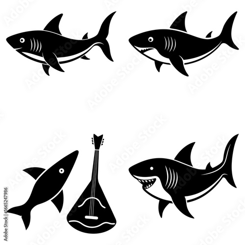 Silhouette illustration featuring four sharks and a stringed musical instrument on a white background