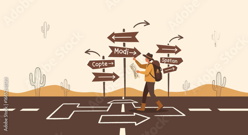 Illustration of a traveler at a crossroads in the desert looking at a map deciding which route to
