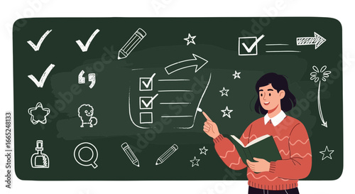 Illustration of a tutor explaining checklist and business planning on blackboard