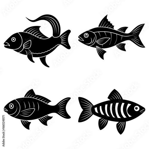 Illustration of four stylized fish in black and white with varying fin and tail designs on a white background