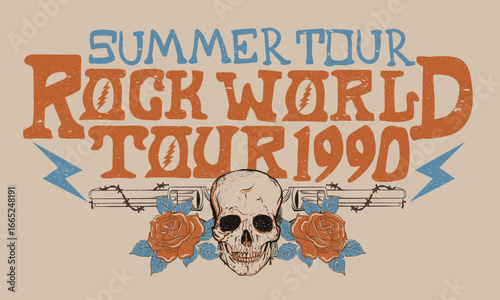 Skull, gun with rose flower rock tour graphic print design. Make some noise, rock and roll artwork design.	