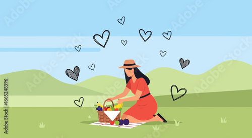 Illustration of a woman enjoying a romantic picnic in a field with heart doodles creating an
