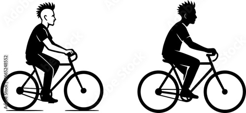 Man with mohawk riding bicycle black silhouette vector