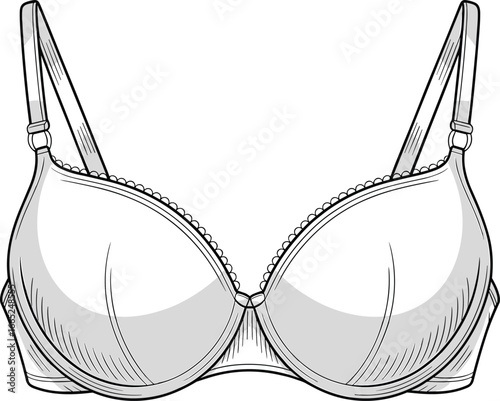 Technical flat vector sketch of padded underwire bra with adjustable straps, ideal for lingerie design, fashion illustration, and garment production.