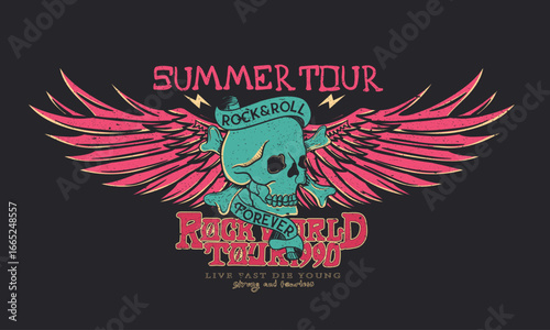 Rock and roll poster design. Skull rock tour graphic print design. Make some noise, rock and roll artwork design.	