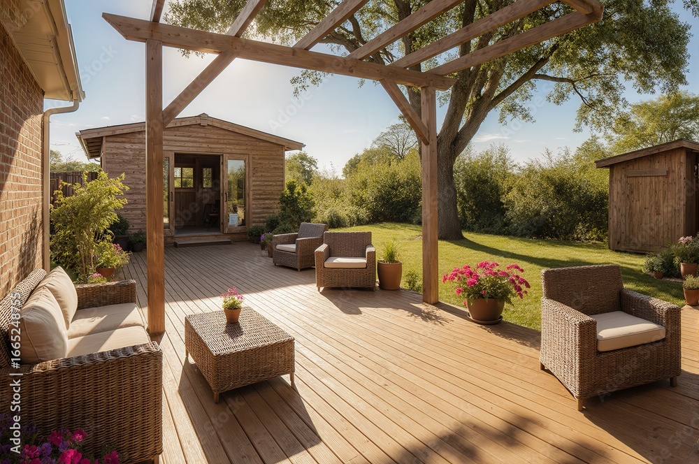 Fototapeta premium Wooden Deck with Outdoor Furniture and Pergola in a Garden Setting