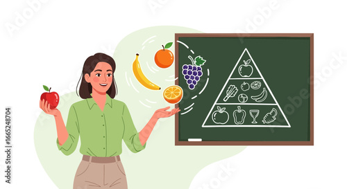 Illustration of a woman presenting a healthy food pyramid and fresh fruit choices