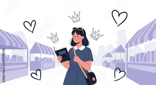 Illustration of a woman reading a book in a book market surrounded by books and love